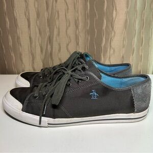 Original Penguin Chiller Men's 10 Gray Blue Nylon Mesh Suede Low Tie Sneakers